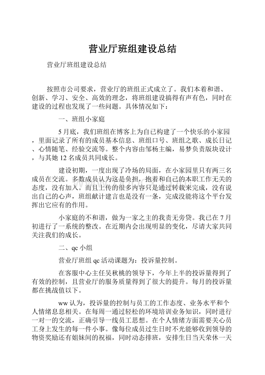 营业厅班组建设总结Word格式文档下载.docx