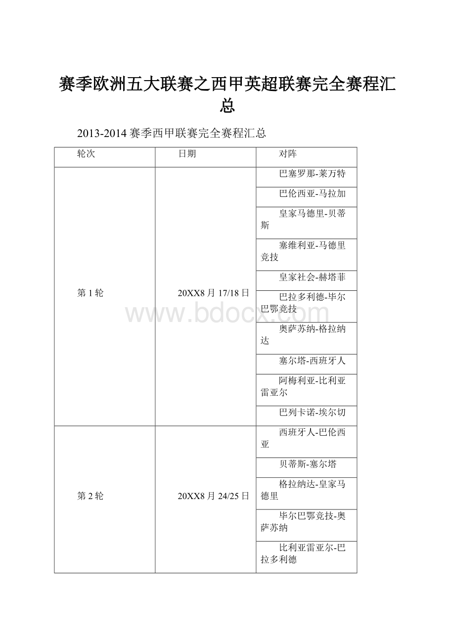 赛季欧洲五大联赛之西甲英超联赛完全赛程汇总.docx_第1页