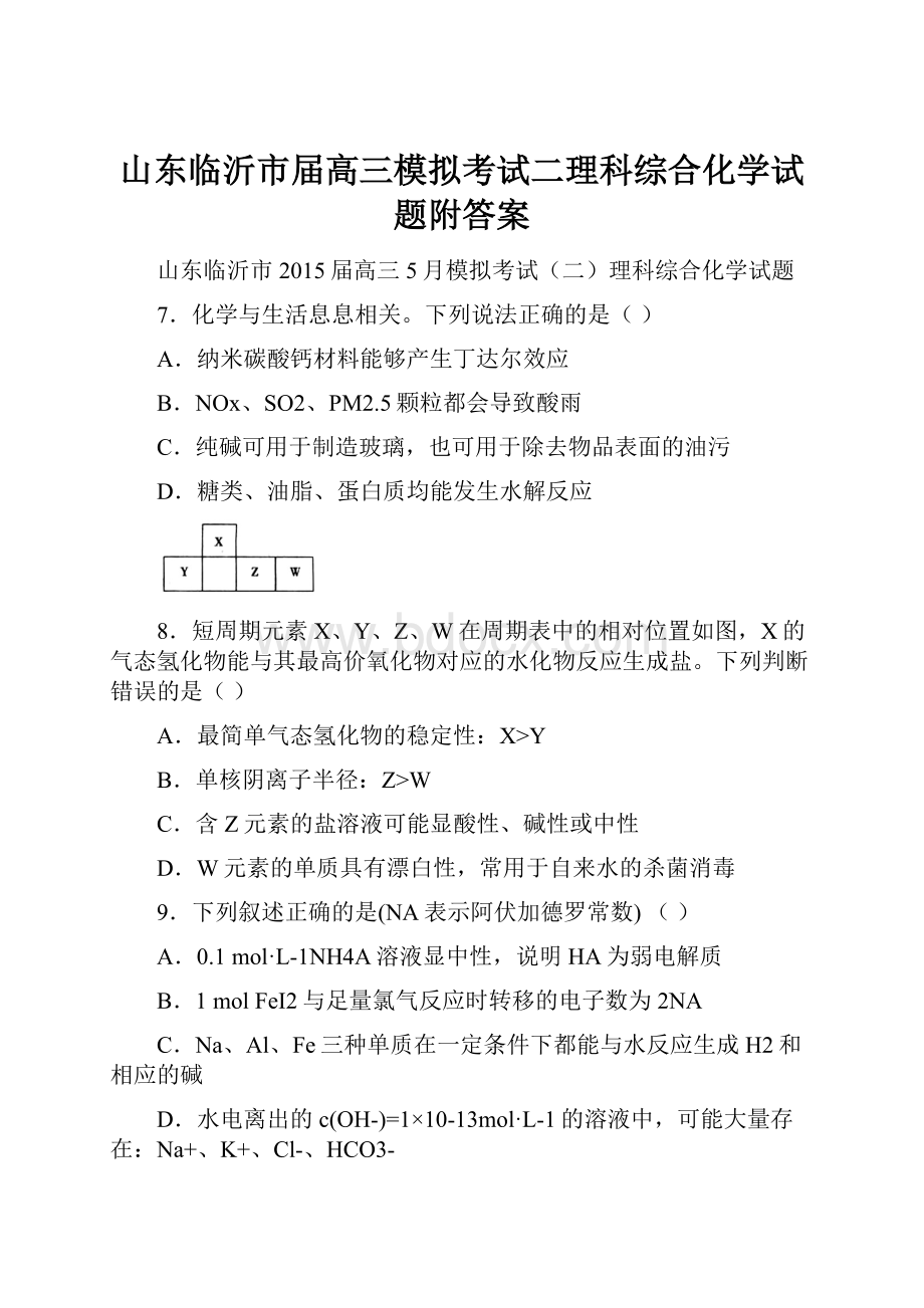 山东临沂市届高三模拟考试二理科综合化学试题附答案.docx_第1页