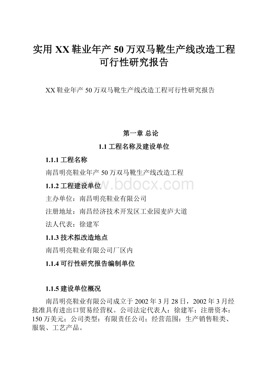 实用XX鞋业年产50万双马靴生产线改造工程可行性研究报告.docx_第1页