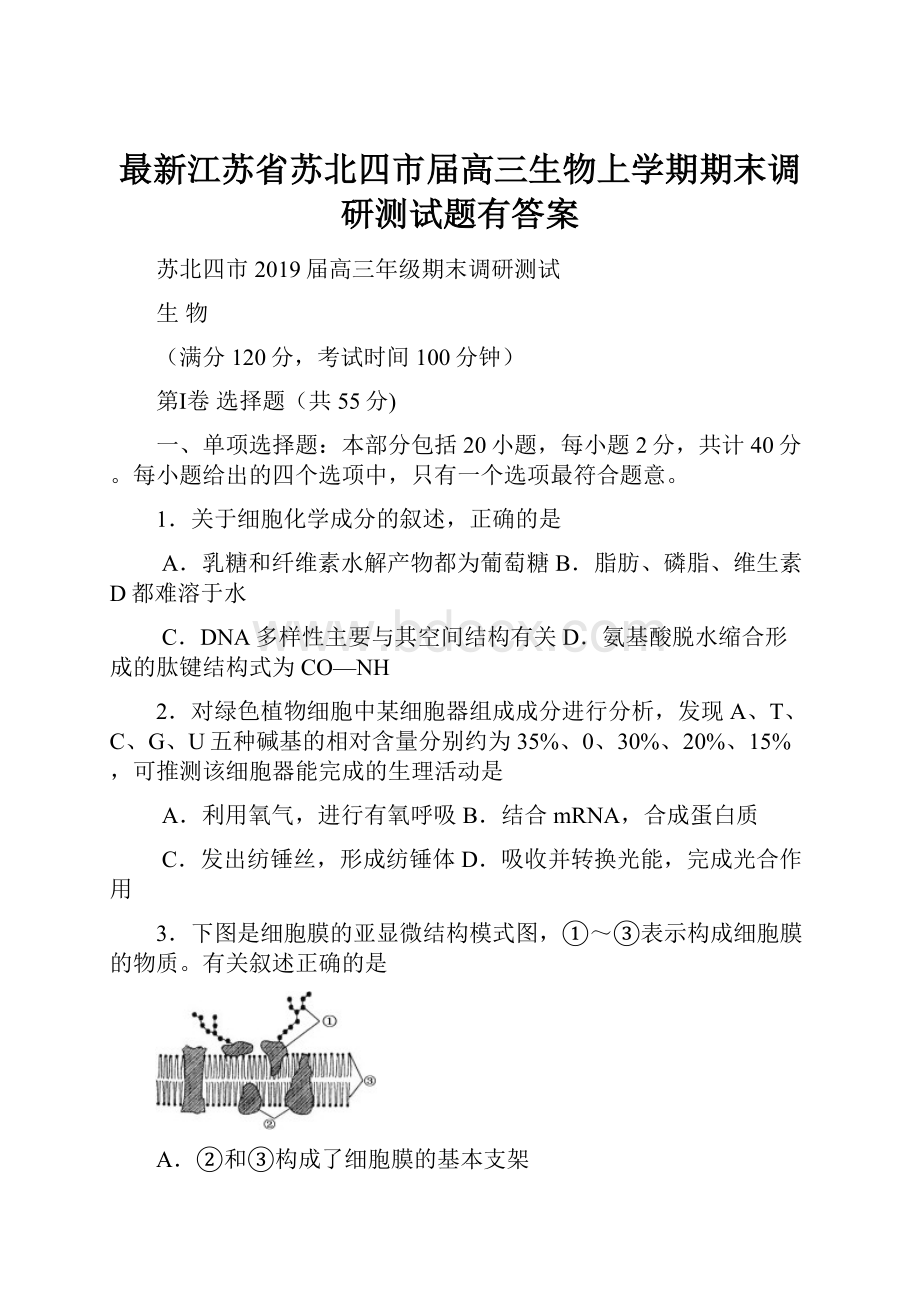 最新江苏省苏北四市届高三生物上学期期末调研测试题有答案.docx_第1页