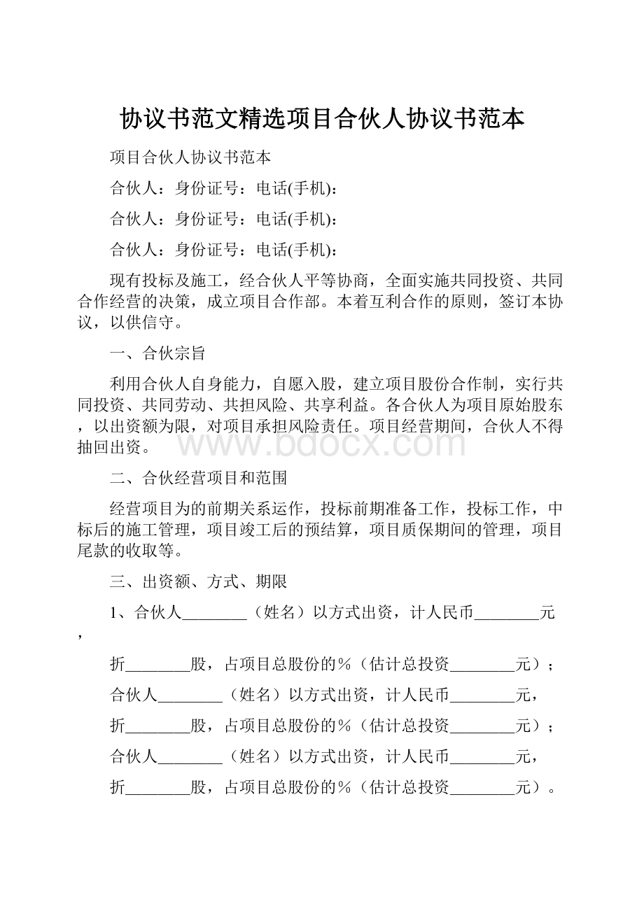 协议书范文精选项目合伙人协议书范本.docx_第1页