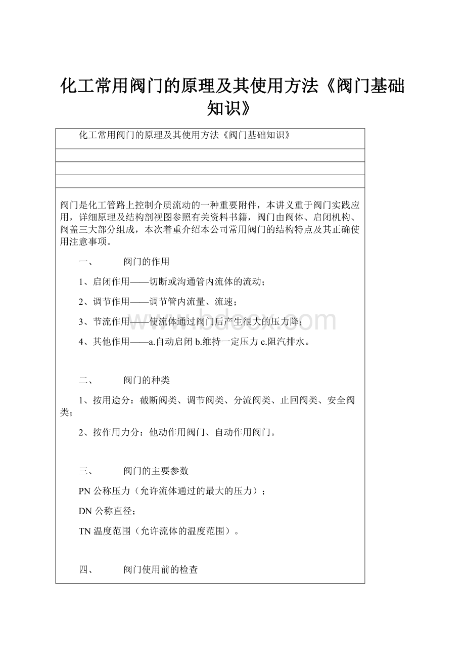 化工常用阀门的原理及其使用方法《阀门基础知识》.docx