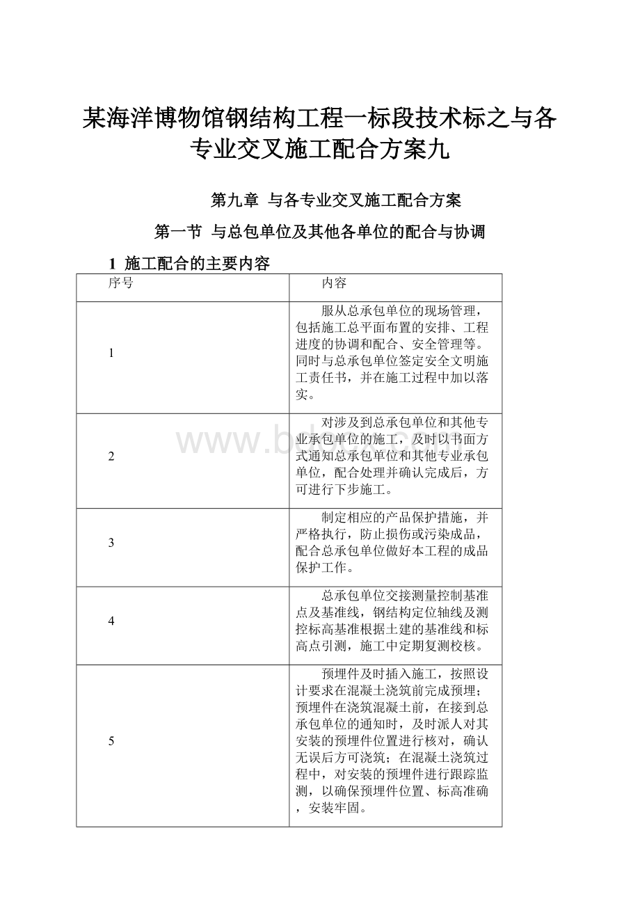 某海洋博物馆钢结构工程一标段技术标之与各专业交叉施工配合方案九.docx_第1页