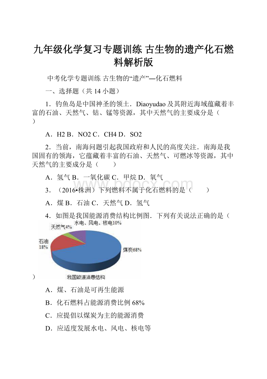 九年级化学复习专题训练 古生物的遗产化石燃料解析版.docx