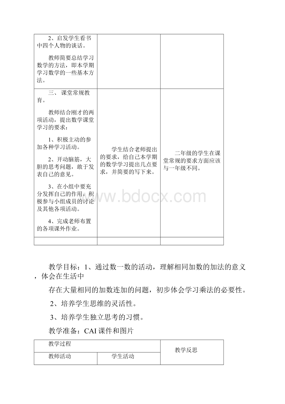 北师大版小学数学二年级上教案表格式全教学反思.docx_第2页