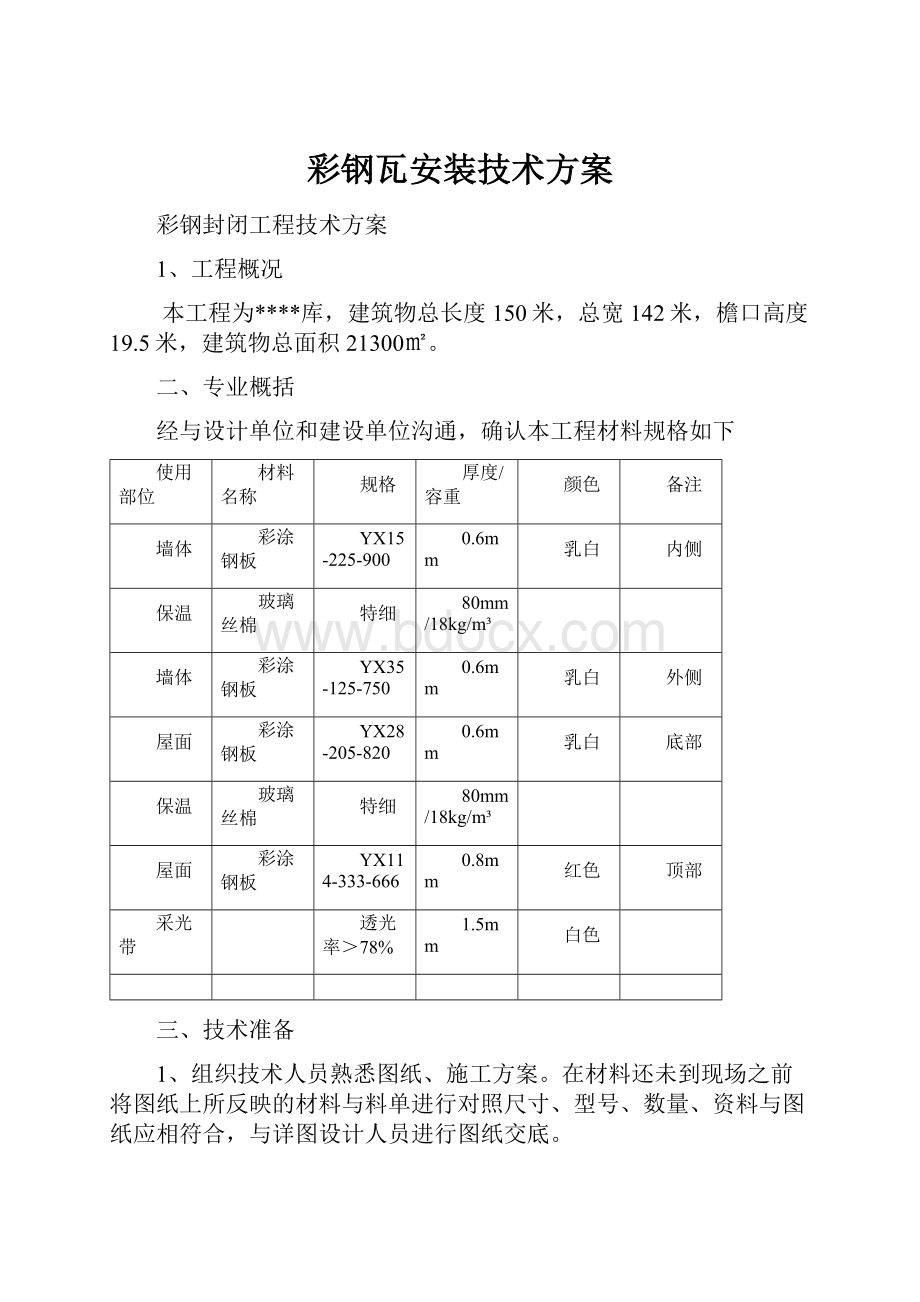 彩钢瓦安装技术方案.docx