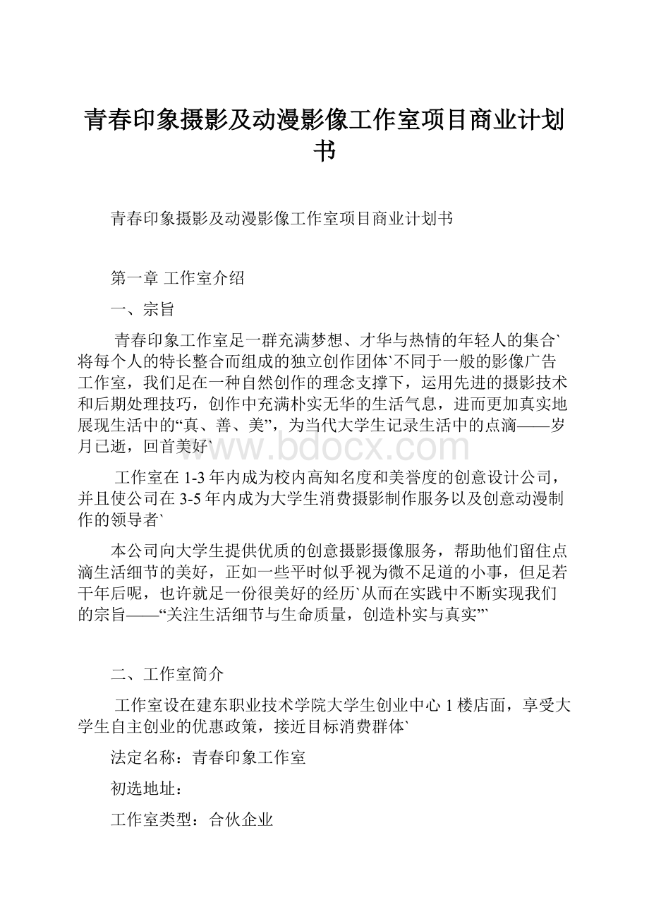 青春印象摄影及动漫影像工作室项目商业计划书.docx_第1页