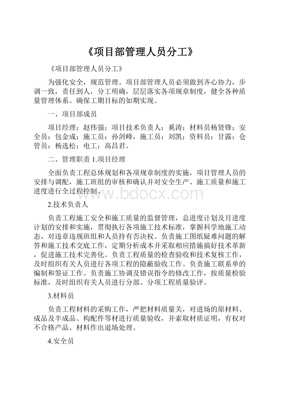 《项目部管理人员分工》.docx