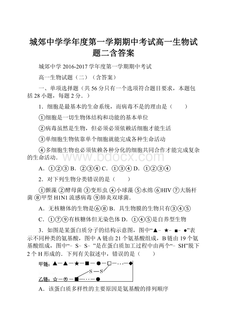 城郊中学学年度第一学期期中考试高一生物试题二含答案.docx_第1页