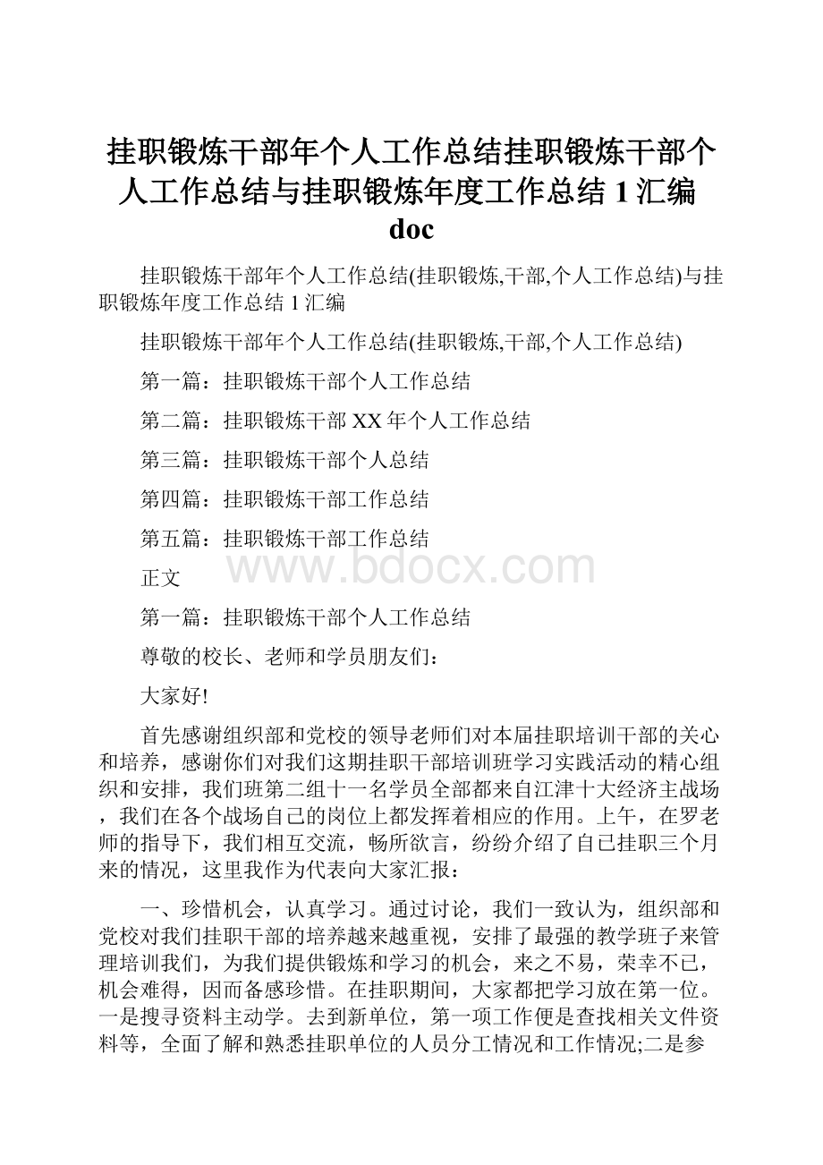 挂职锻炼干部年个人工作总结挂职锻炼干部个人工作总结与挂职锻炼年度工作总结1汇编doc.docx_第1页