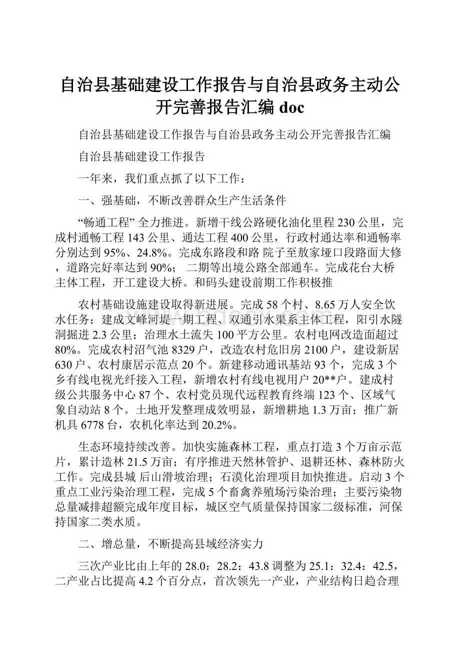 自治县基础建设工作报告与自治县政务主动公开完善报告汇编doc.docx_第1页