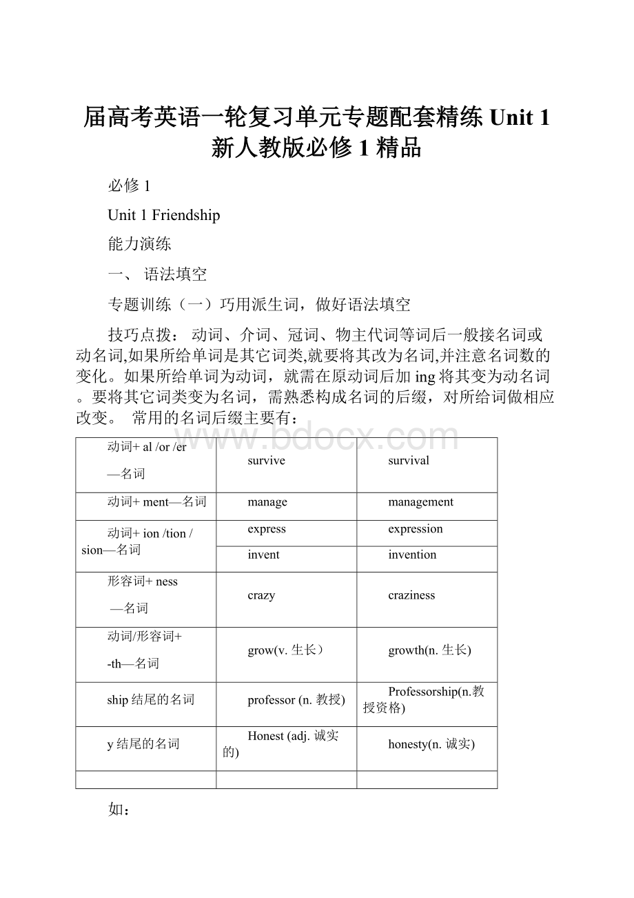 届高考英语一轮复习单元专题配套精练Unit 1 新人教版必修1 精品.docx