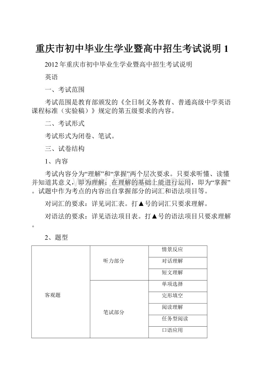 重庆市初中毕业生学业暨高中招生考试说明1.docx_第1页