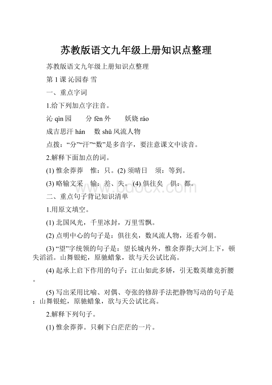 苏教版语文九年级上册知识点整理.docx