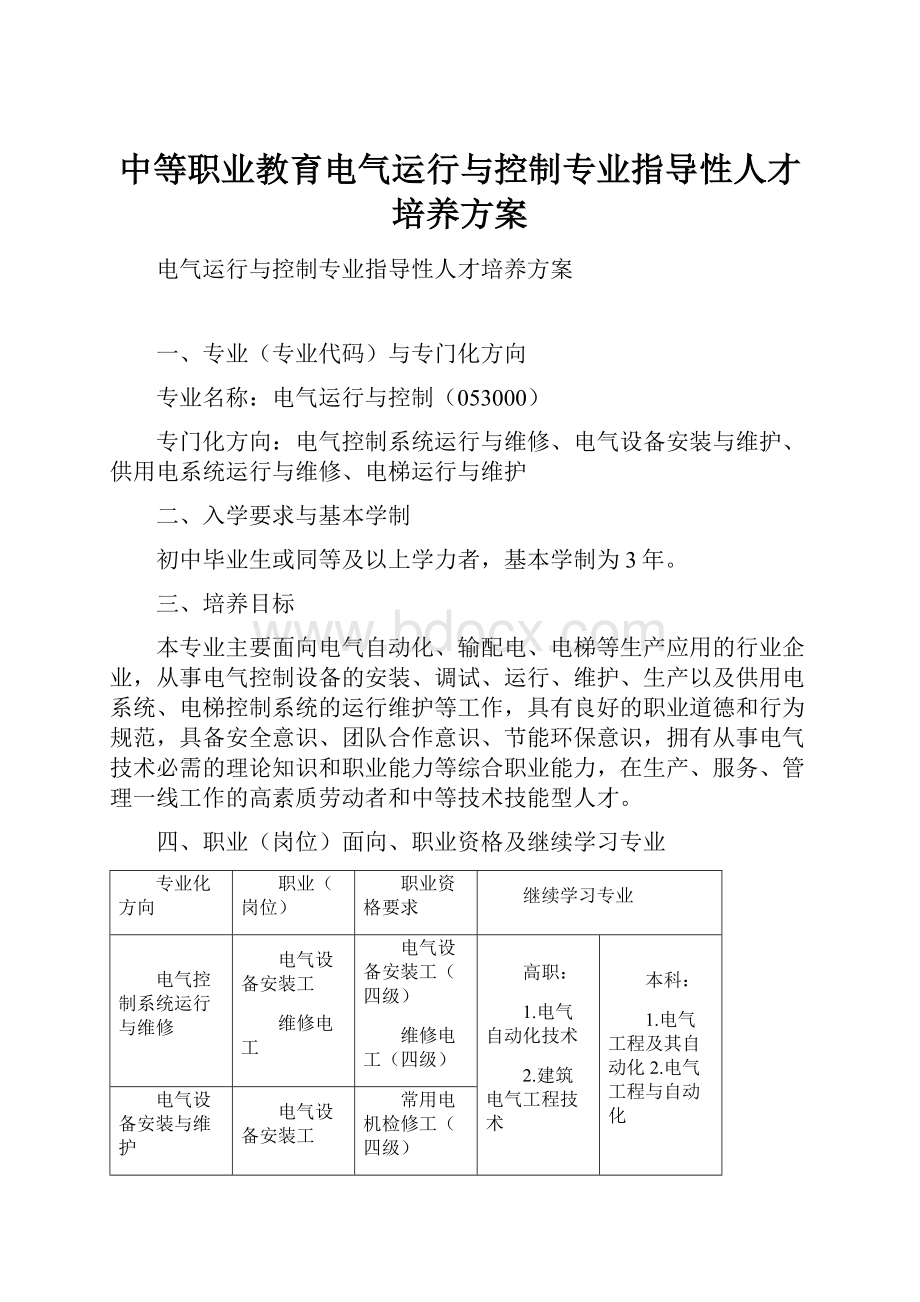 中等职业教育电气运行与控制专业指导性人才培养方案.docx_第1页