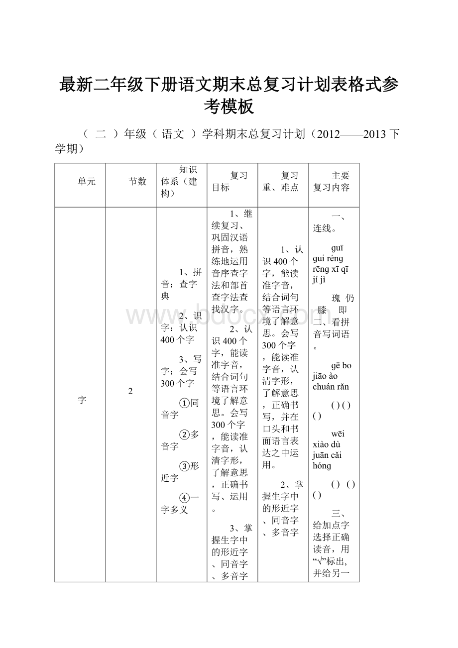 最新二年级下册语文期末总复习计划表格式参考模板.docx_第1页