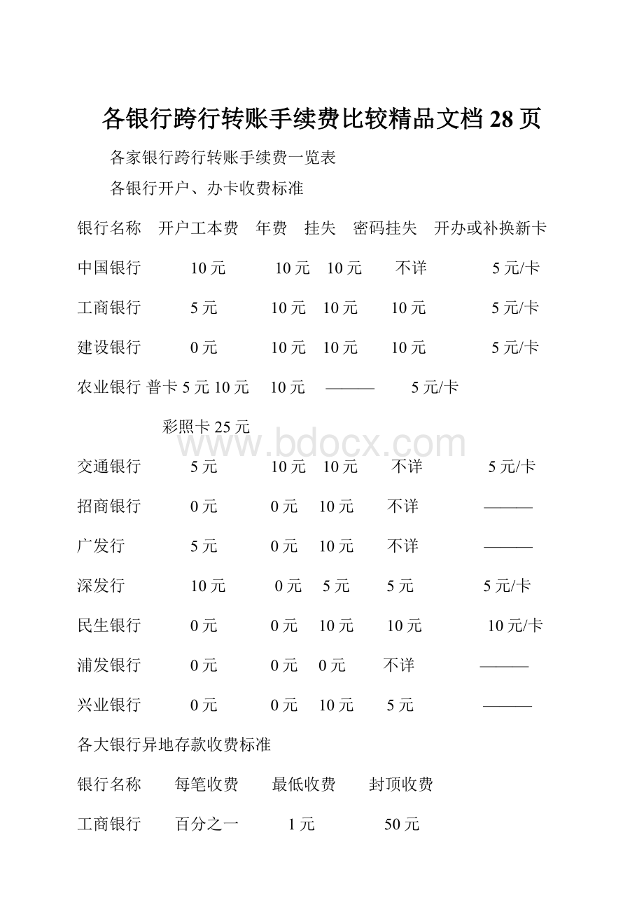 各银行跨行转账手续费比较精品文档28页.docx_第1页