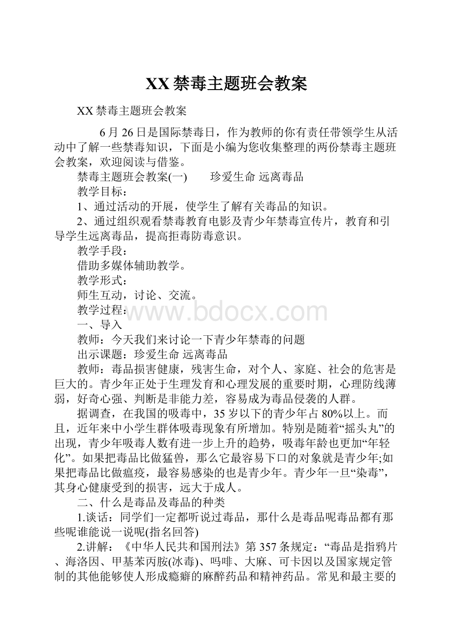 XX禁毒主题班会教案.docx