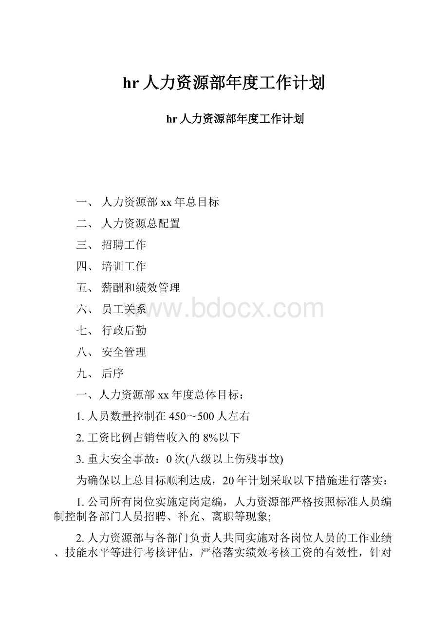 hr人力资源部年度工作计划.docx_第1页