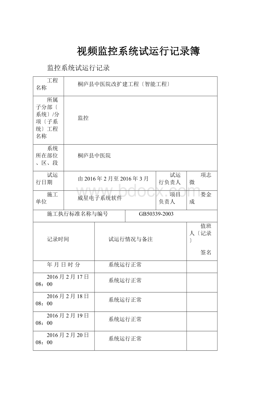 视频监控系统试运行记录簿.docx_第1页