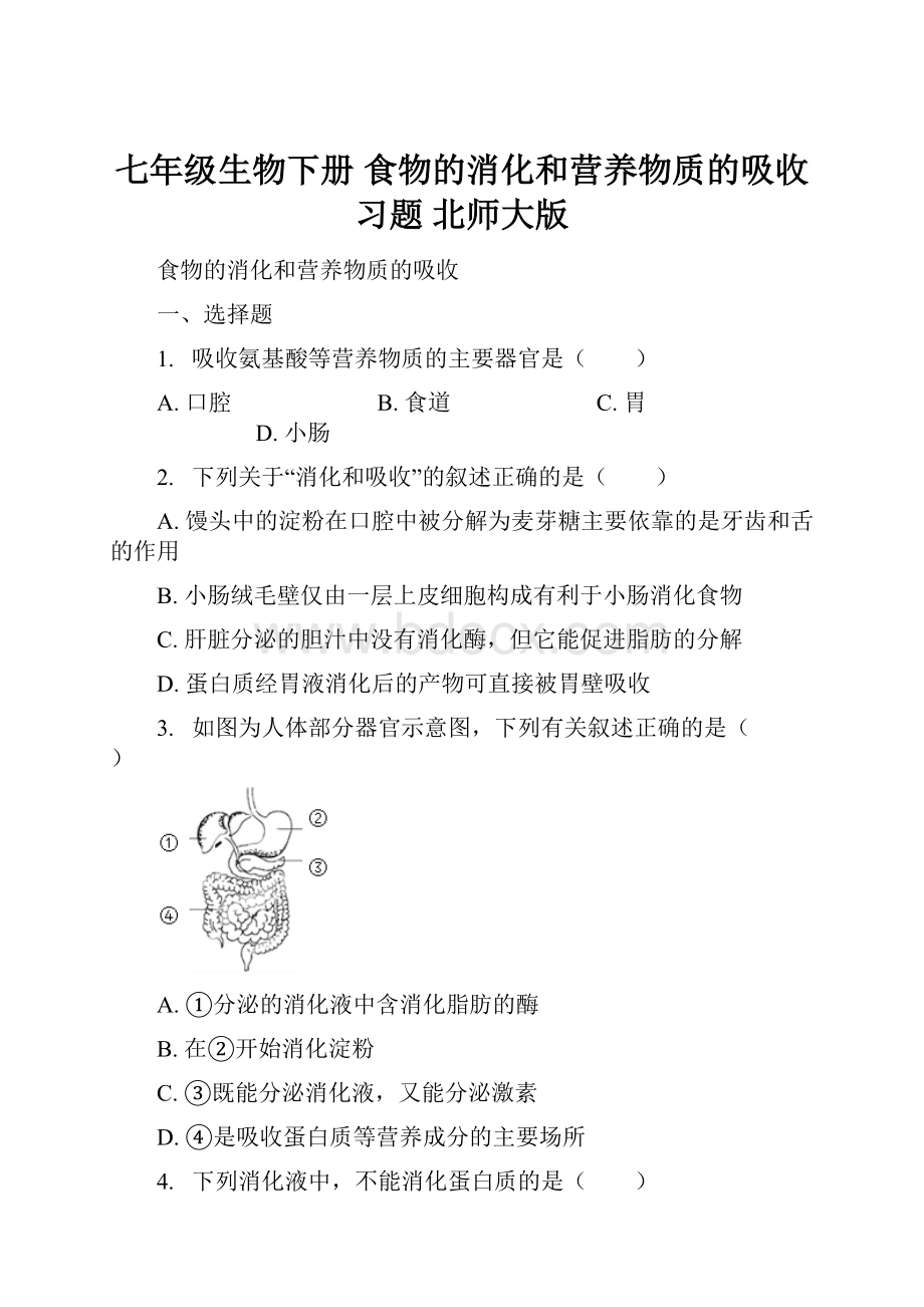 七年级生物下册 食物的消化和营养物质的吸收习题 北师大版.docx_第1页