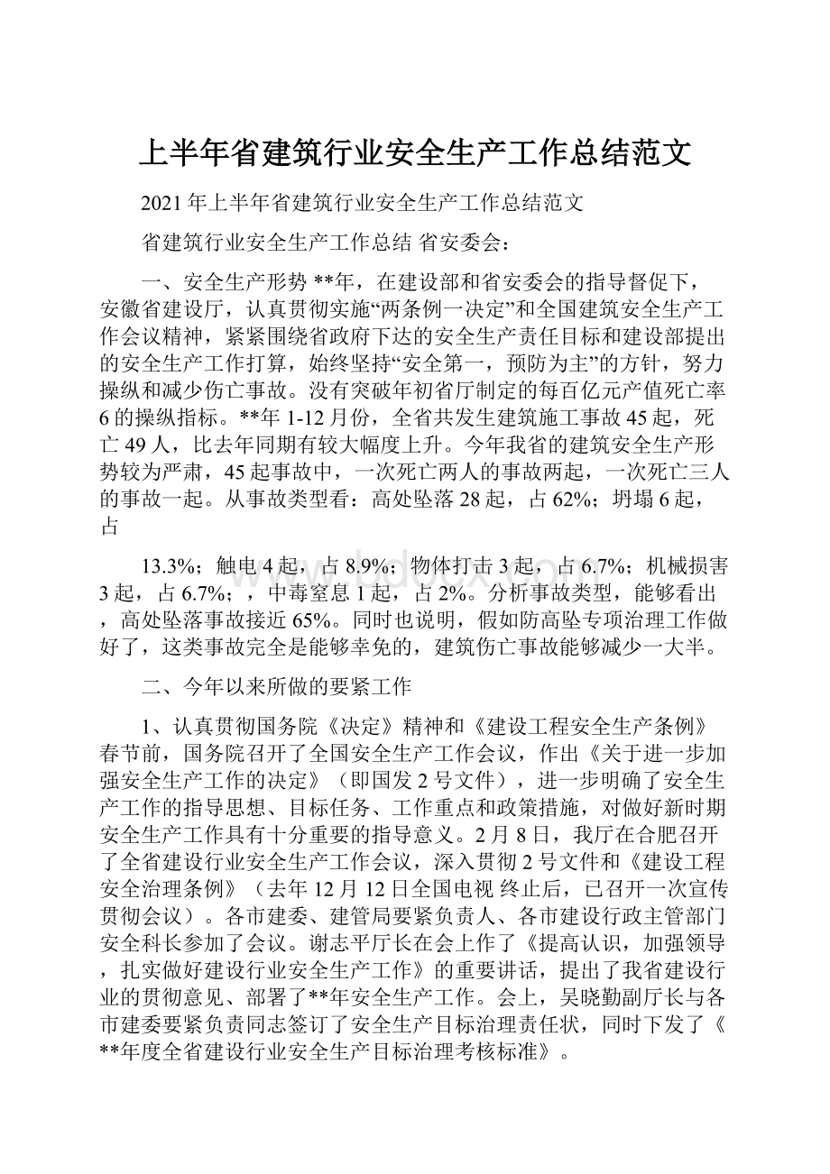 上半年省建筑行业安全生产工作总结范文.docx