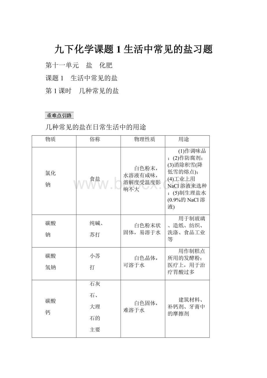 九下化学课题1 生活中常见的盐习题.docx