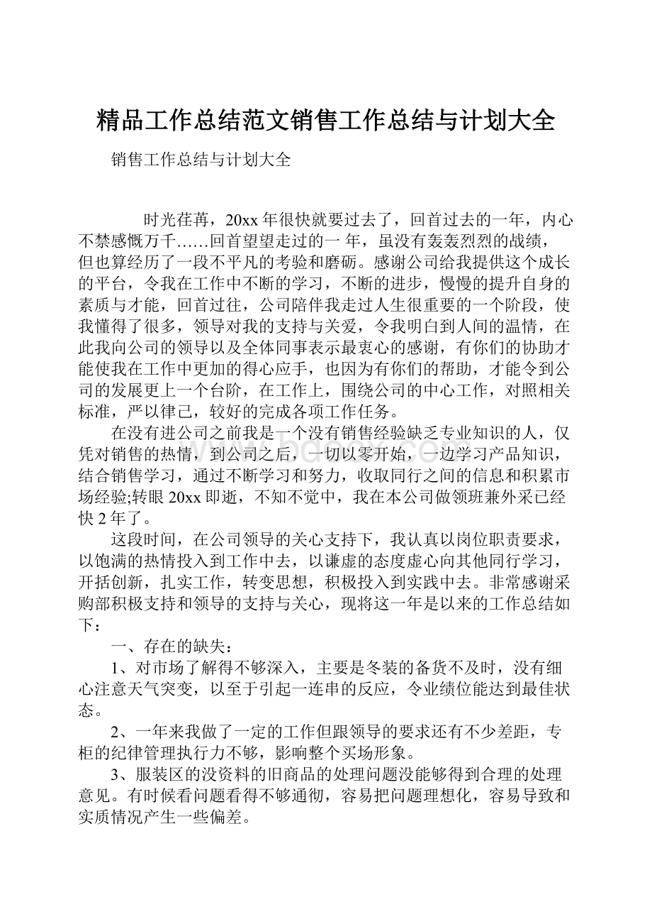 精品工作总结范文销售工作总结与计划大全.docx_第1页