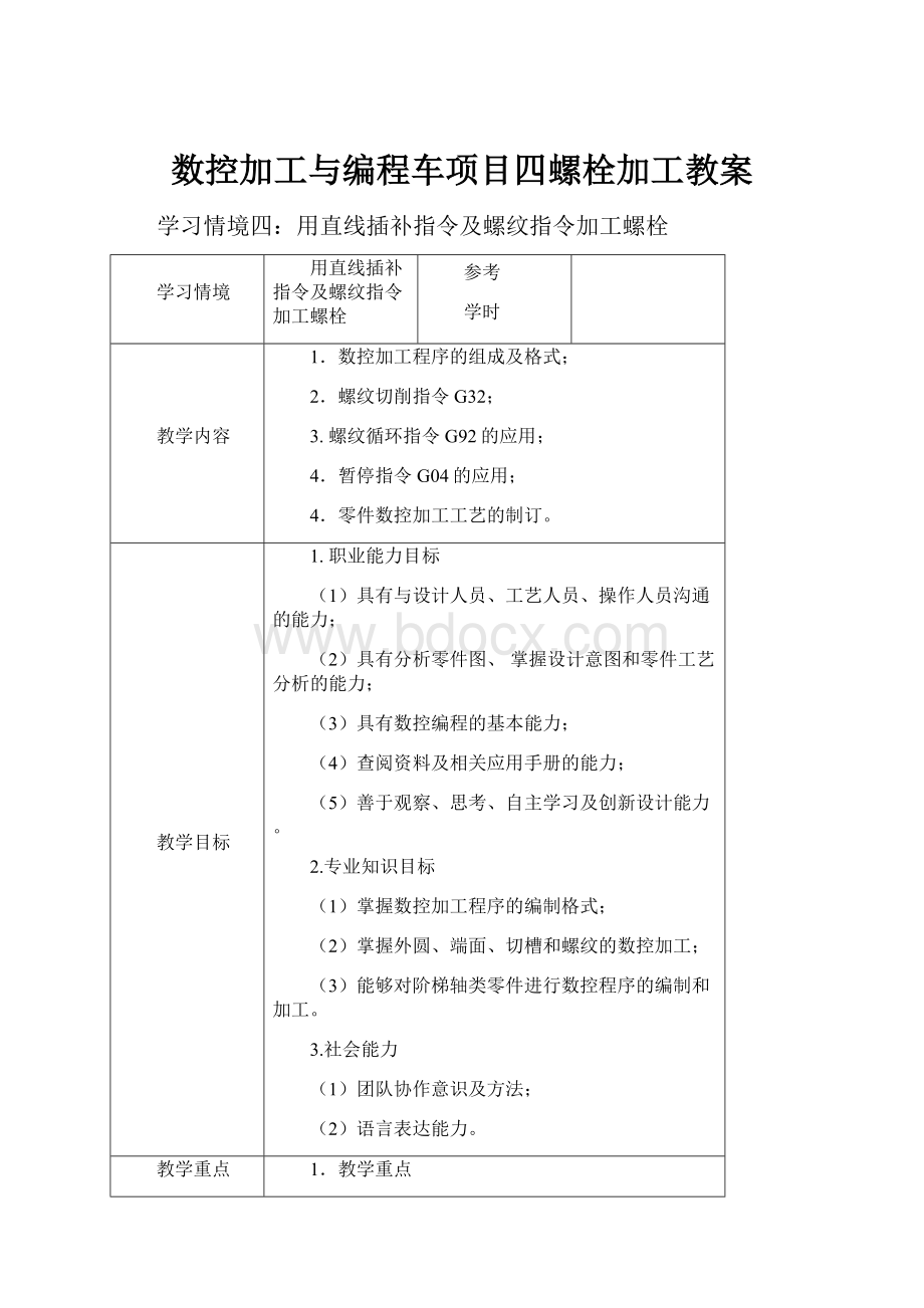 数控加工与编程车项目四螺栓加工教案.docx