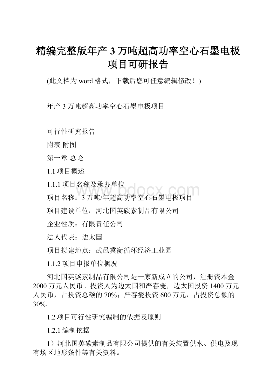 精编完整版年产3万吨超高功率空心石墨电极项目可研报告.docx_第1页