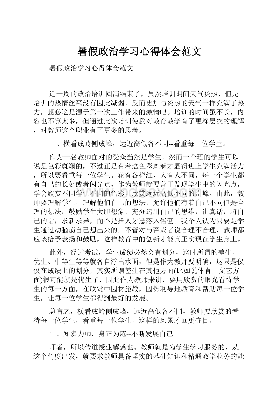 暑假政治学习心得体会范文.docx