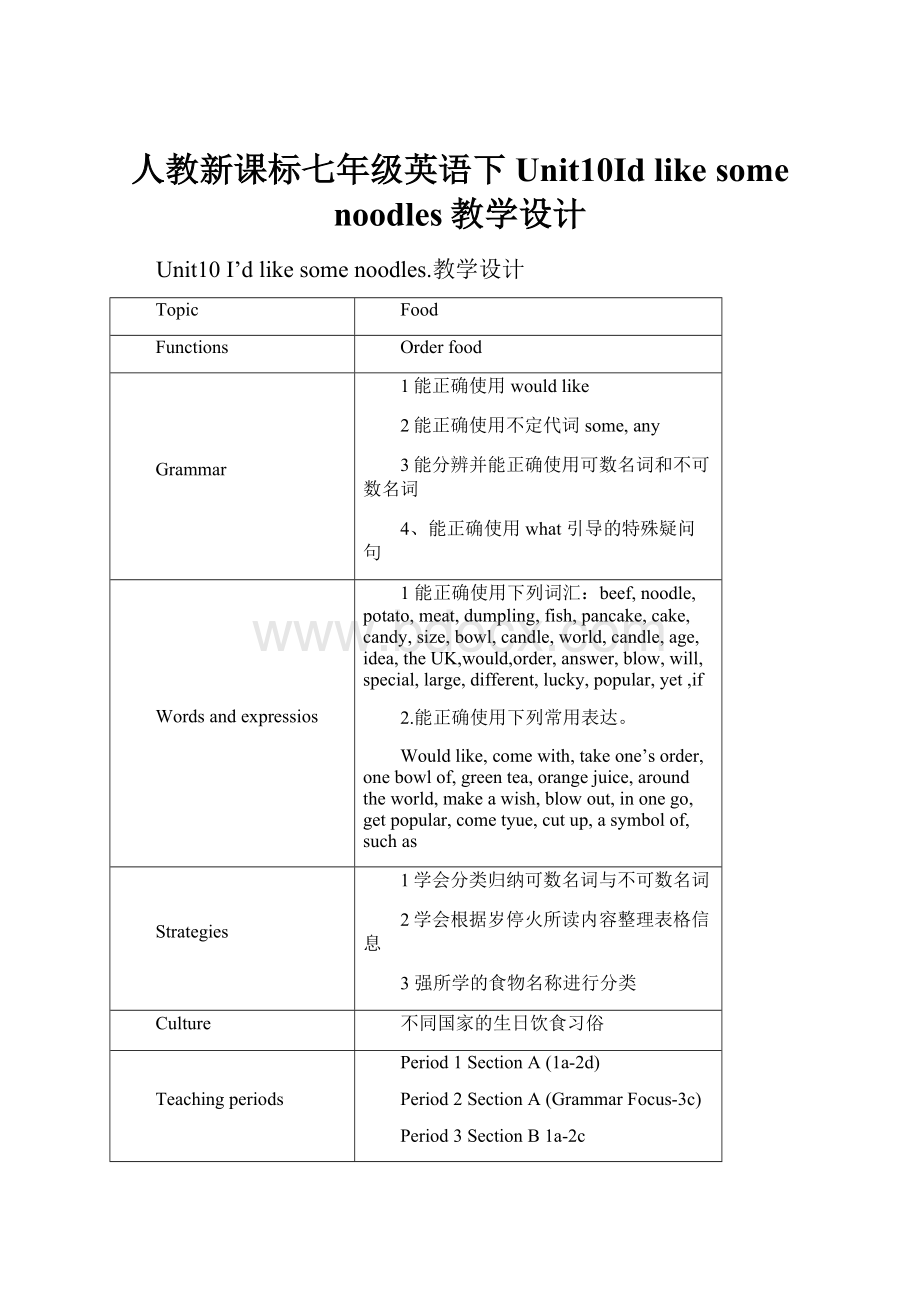 人教新课标七年级英语下Unit10Id like some noodles教学设计.docx_第1页