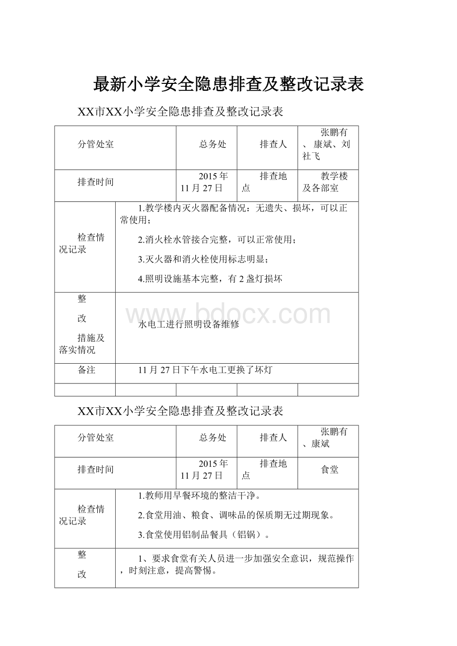 最新小学安全隐患排查及整改记录表.docx