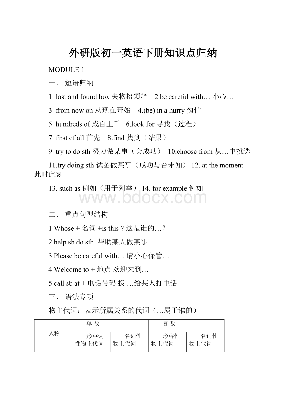 外研版初一英语下册知识点归纳.docx_第1页