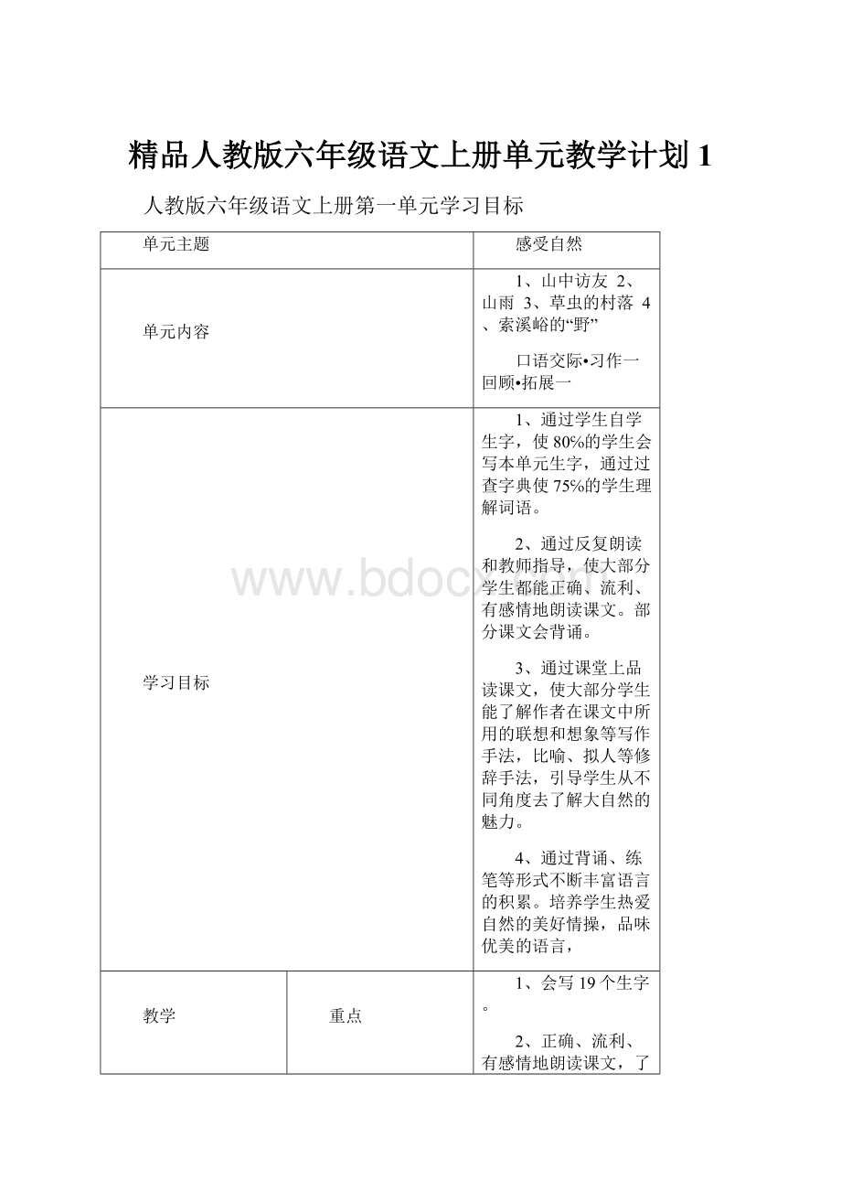 精品人教版六年级语文上册单元教学计划1.docx_第1页