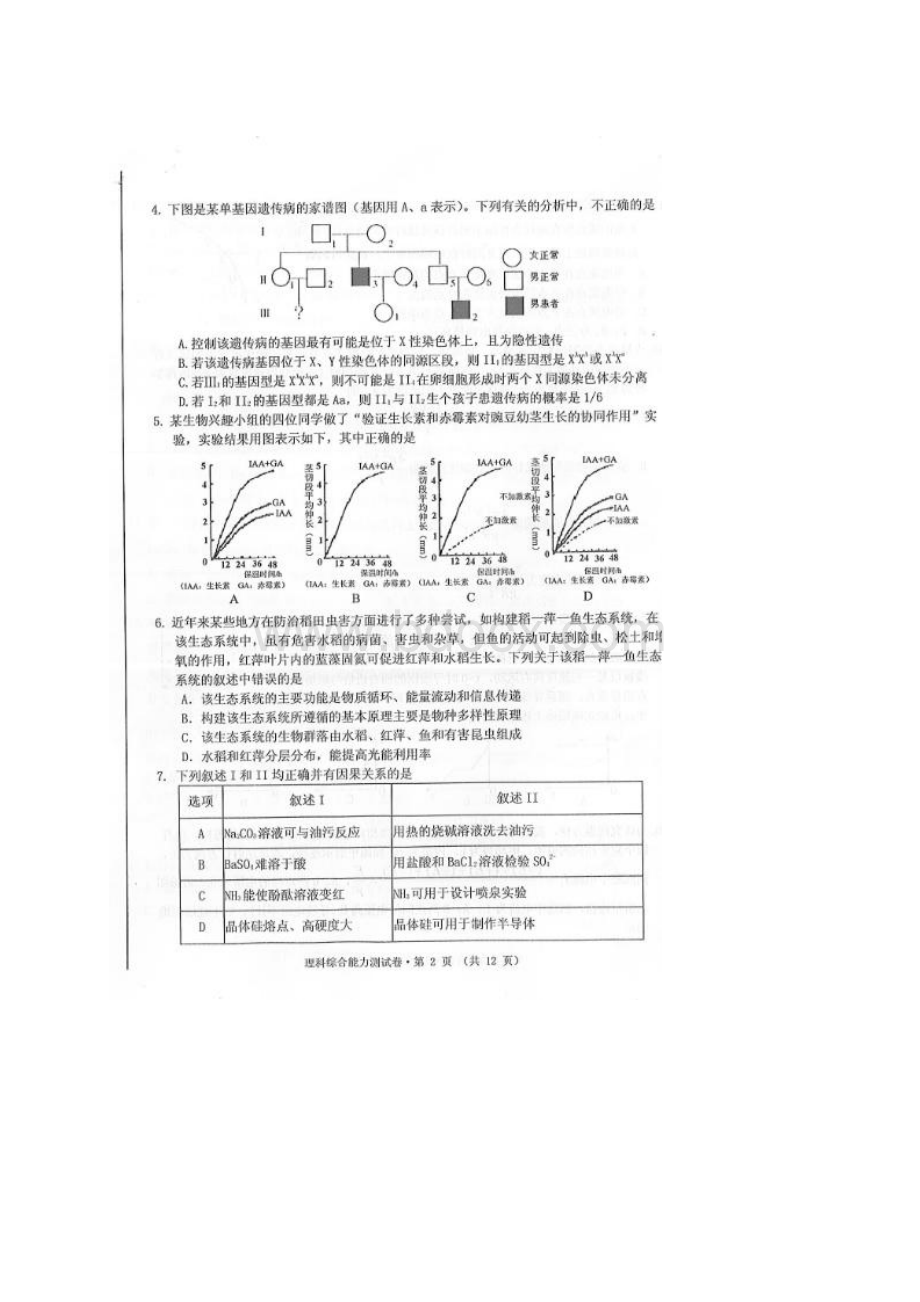 黄山市届 理科综合能力测试及答案.docx_第2页