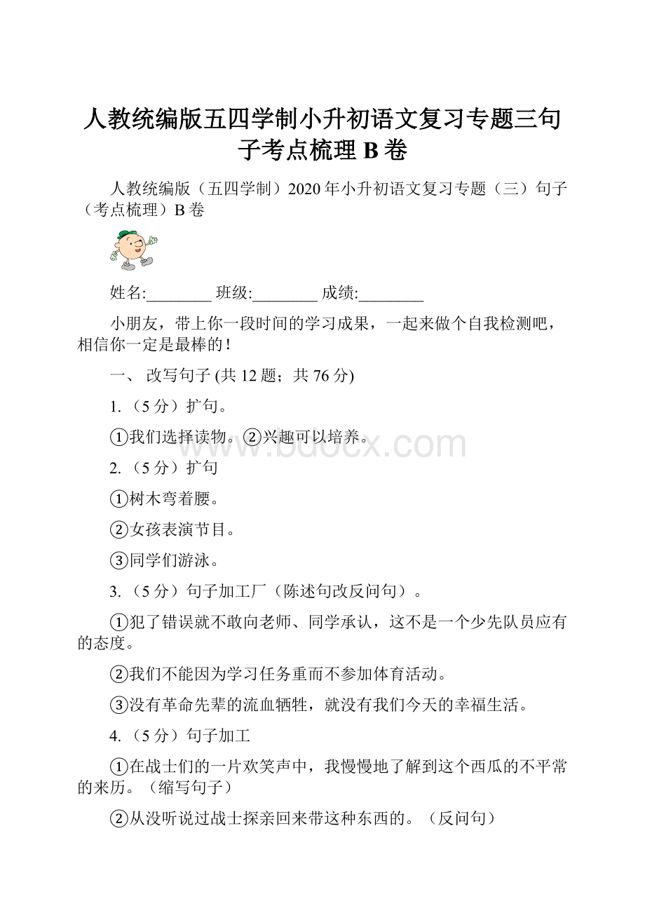 人教统编版五四学制小升初语文复习专题三句子考点梳理B卷.docx_第1页