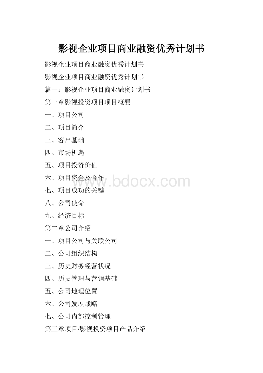 影视企业项目商业融资优秀计划书.docx