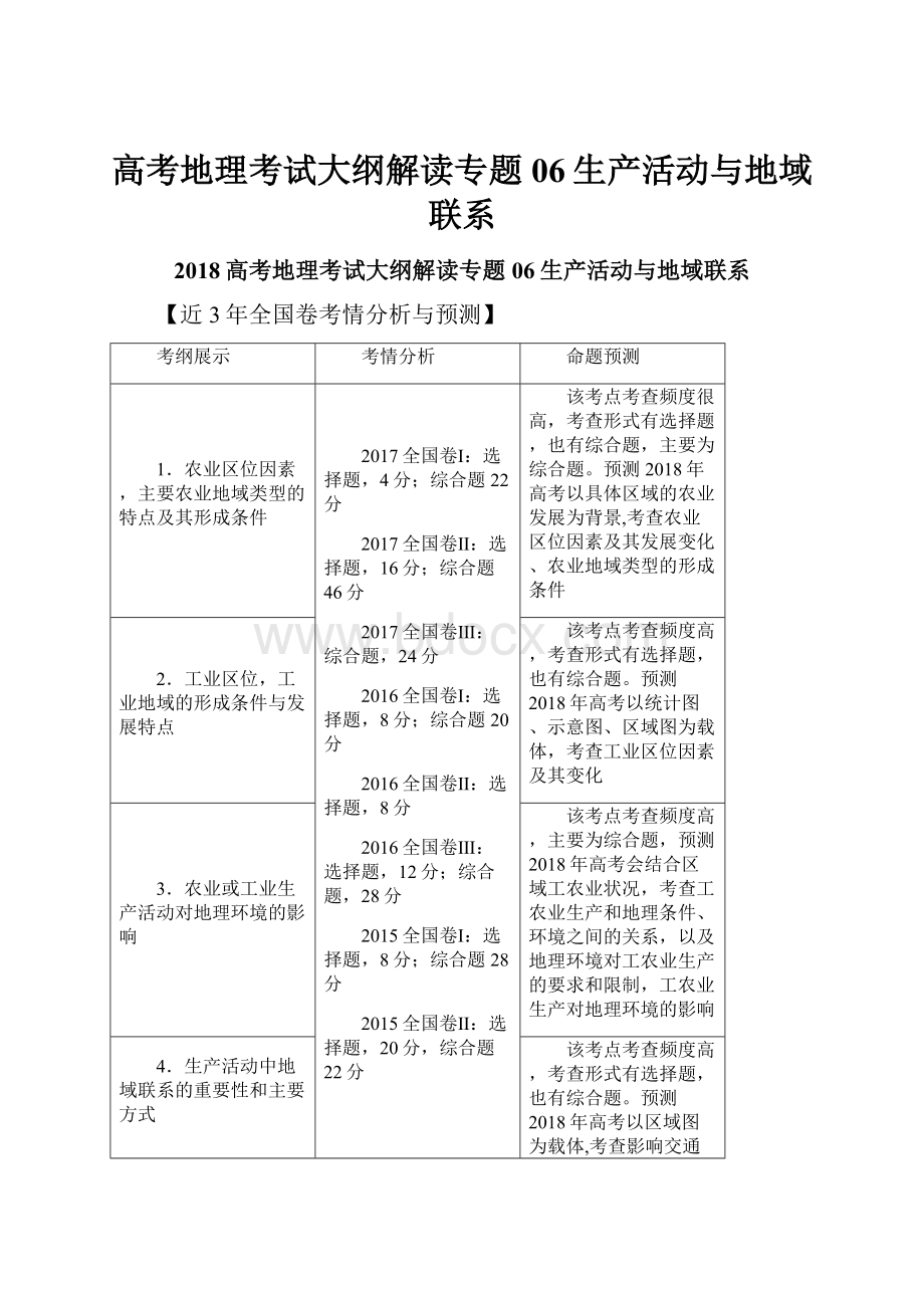 高考地理考试大纲解读专题06生产活动与地域联系.docx