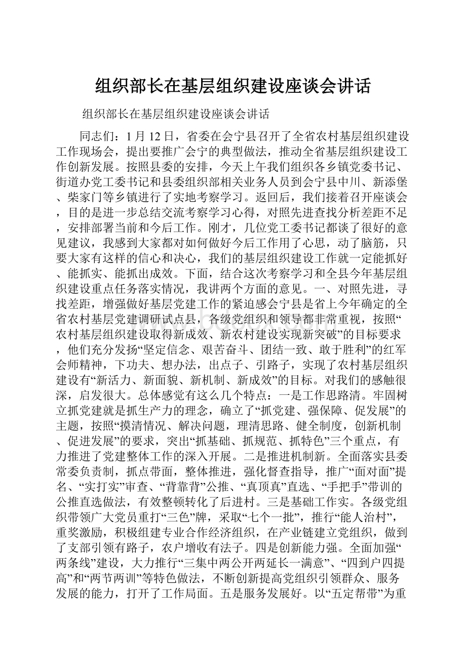 组织部长在基层组织建设座谈会讲话.docx