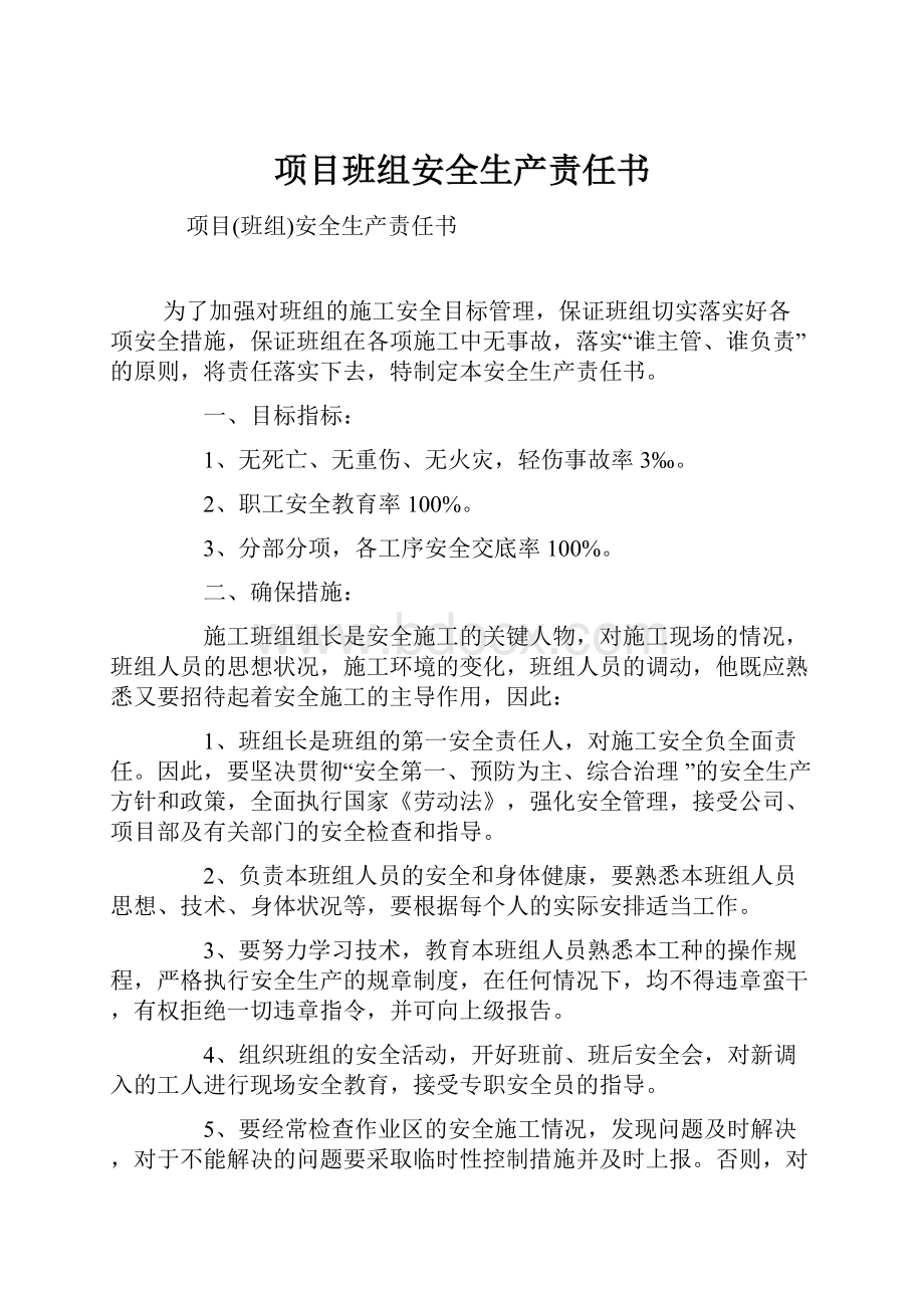 项目班组安全生产责任书.docx_第1页