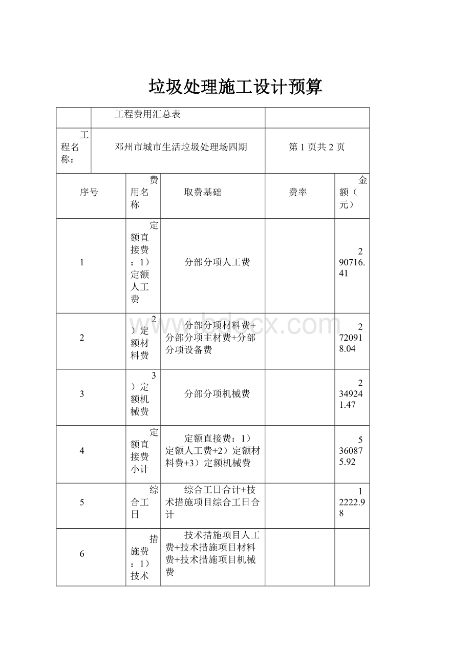 垃圾处理施工设计预算.docx