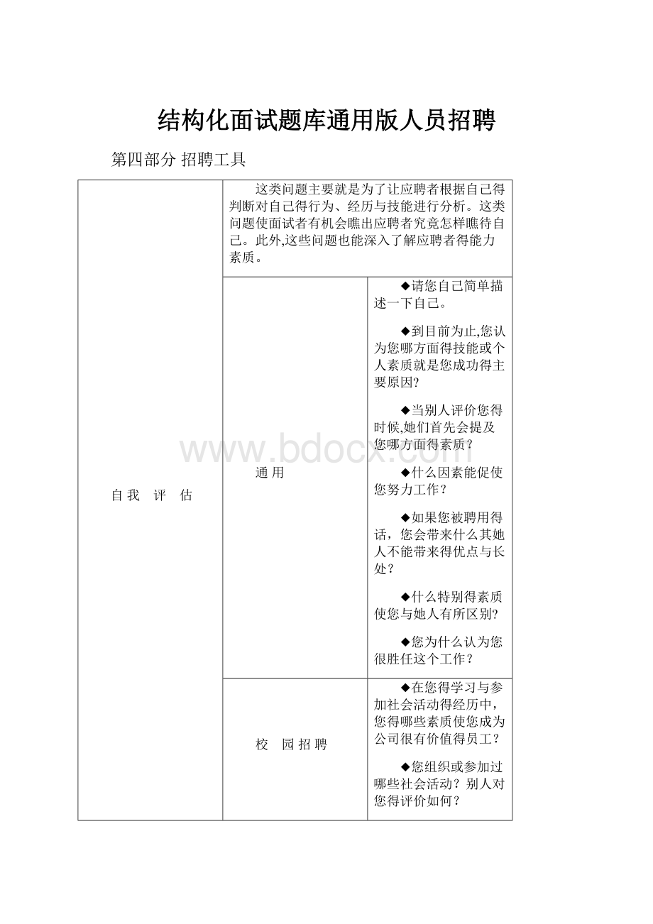 结构化面试题库通用版人员招聘.docx_第1页