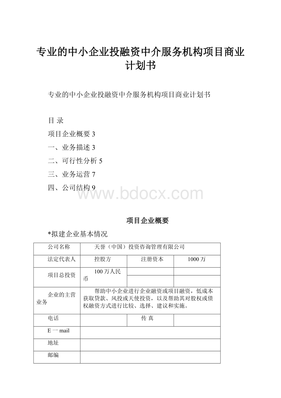 专业的中小企业投融资中介服务机构项目商业计划书.docx_第1页