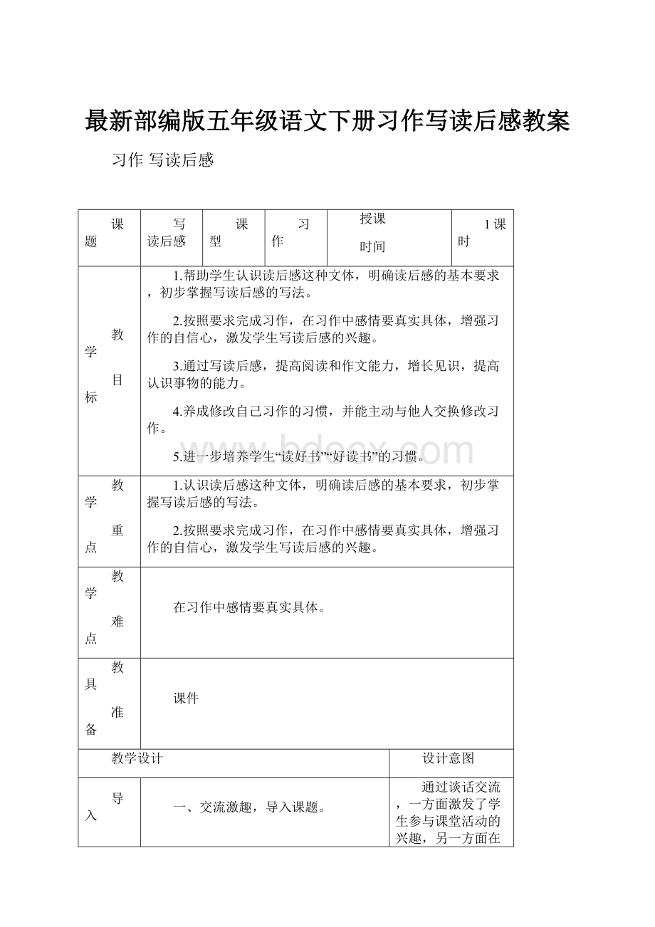 最新部编版五年级语文下册习作写读后感教案.docx_第1页