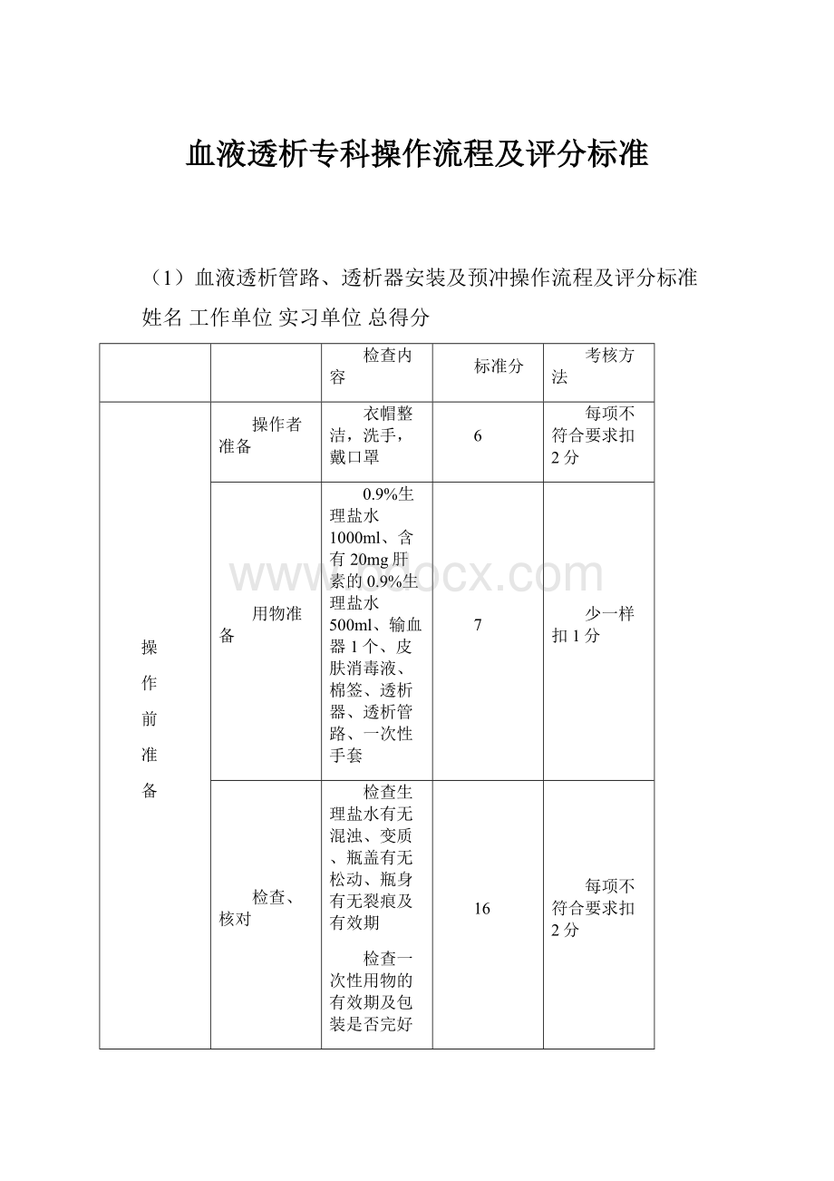 血液透析专科操作流程及评分标准.docx