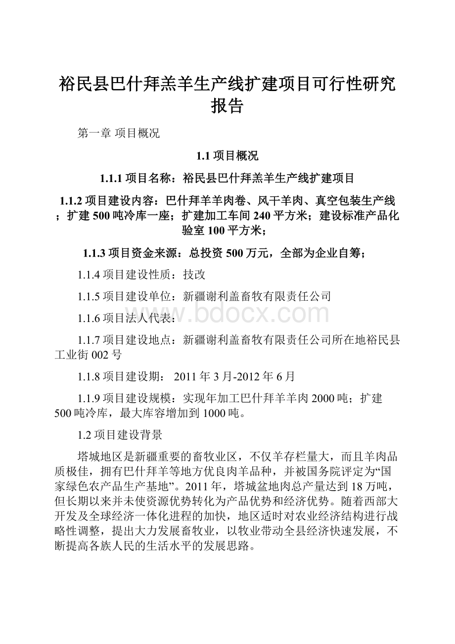 裕民县巴什拜羔羊生产线扩建项目可行性研究报告.docx_第1页