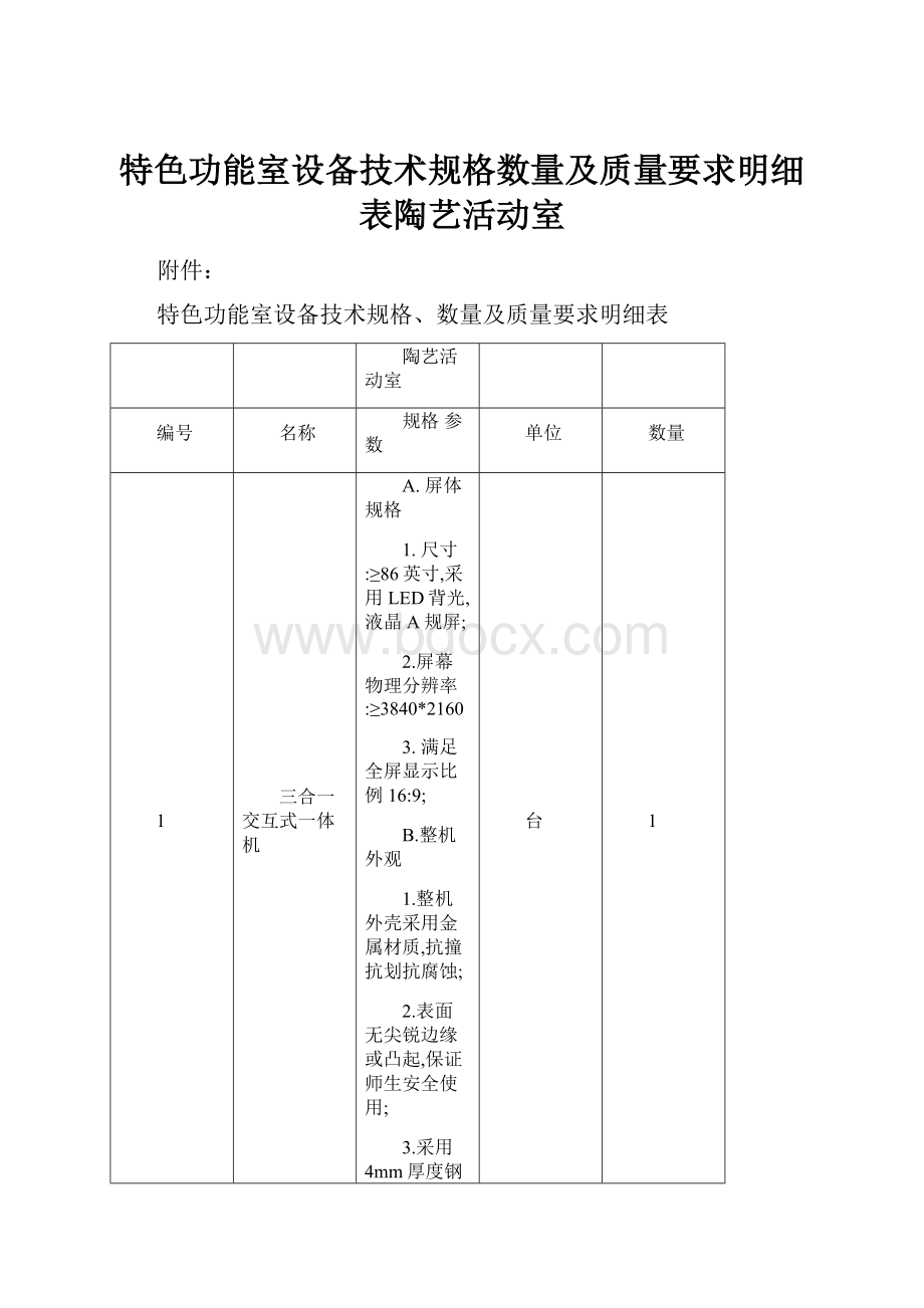 特色功能室设备技术规格数量及质量要求明细表陶艺活动室.docx_第1页