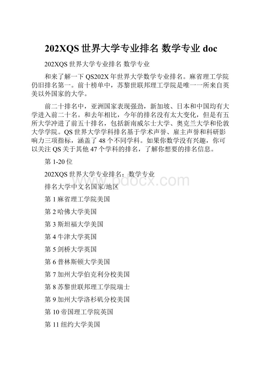 202XQS世界大学专业排名 数学专业doc.docx_第1页